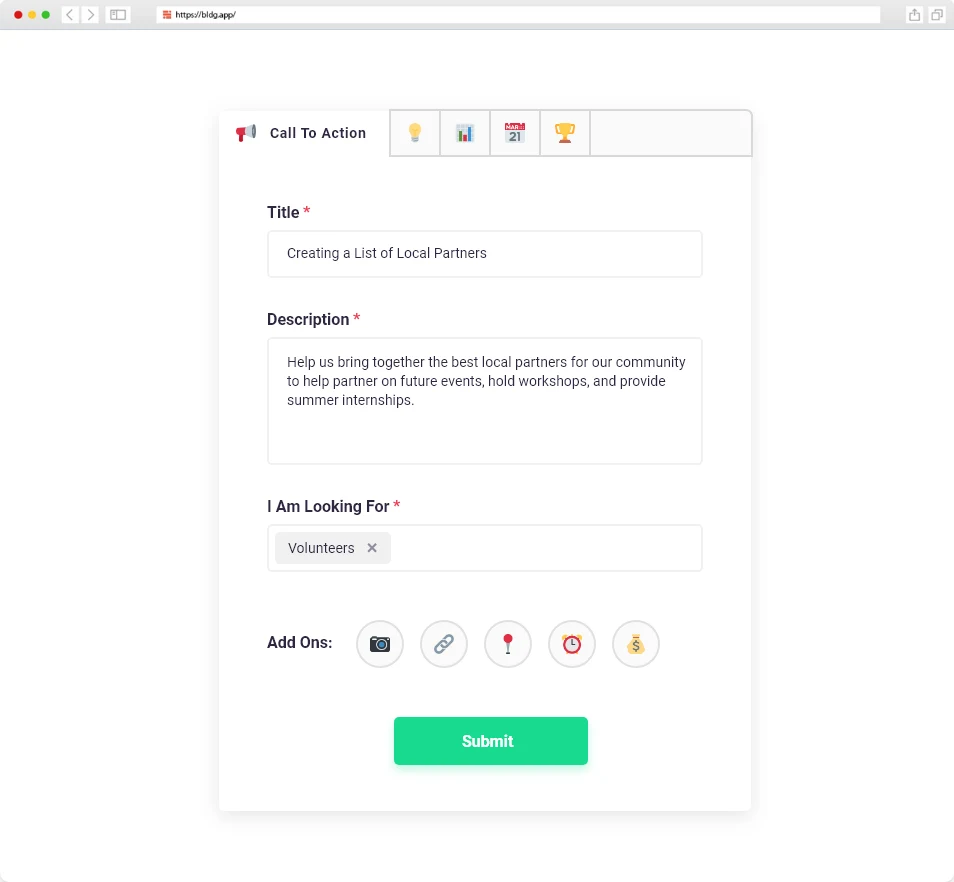 Bldg App authoring interface for a community call to action with content type, volunteer request, media, location, deadline, and funding controls