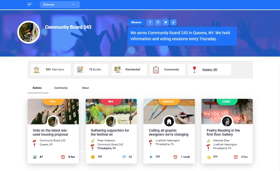 Bldg App community profile showing membership and build counts, project types, location, bulletin tabs, and multiple forms of resident participation
