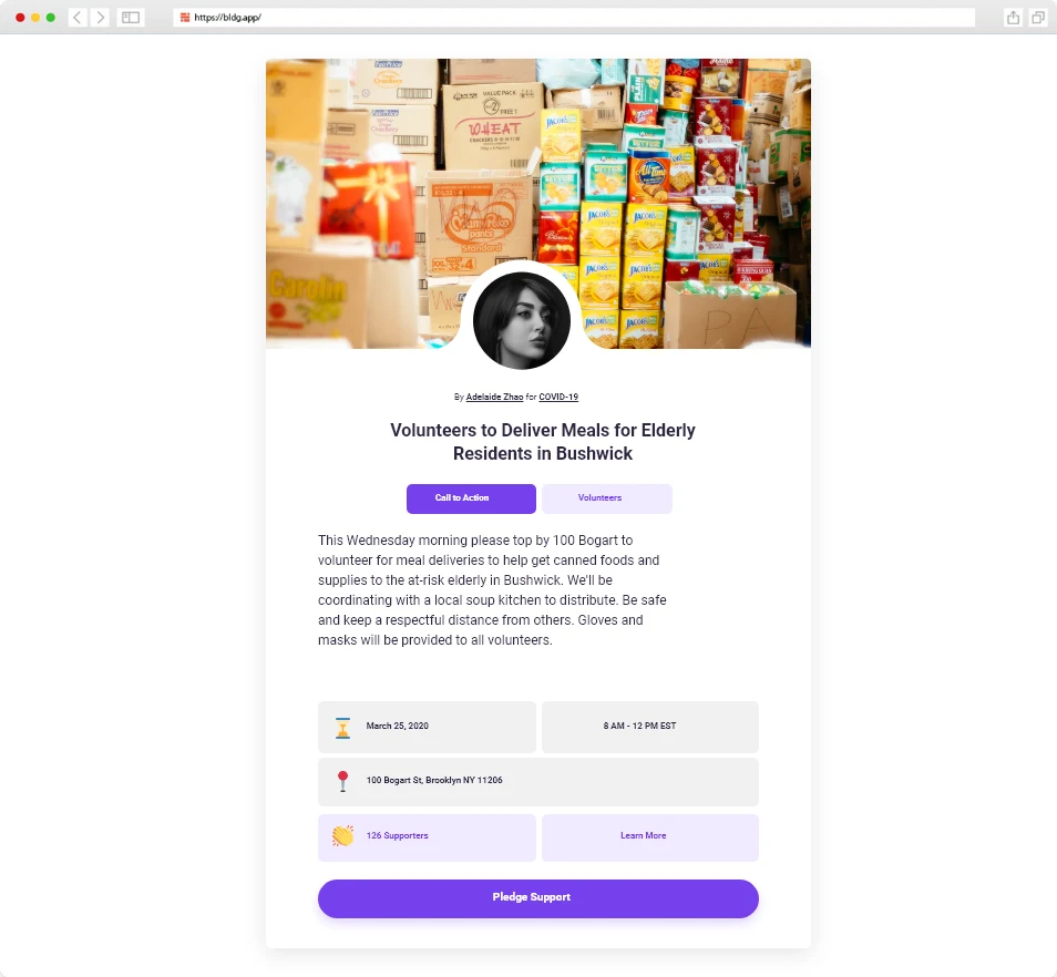 Bldg App initiative detail for meal deliveries with date, time, address, supporter count, and pledge support action