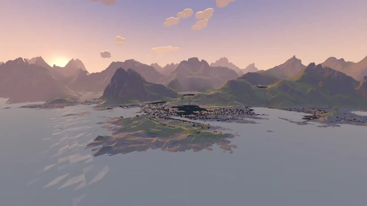 Rear chase view of the Fieldworks fighter flying toward the Day 1 mountains above Å in the midnight sun