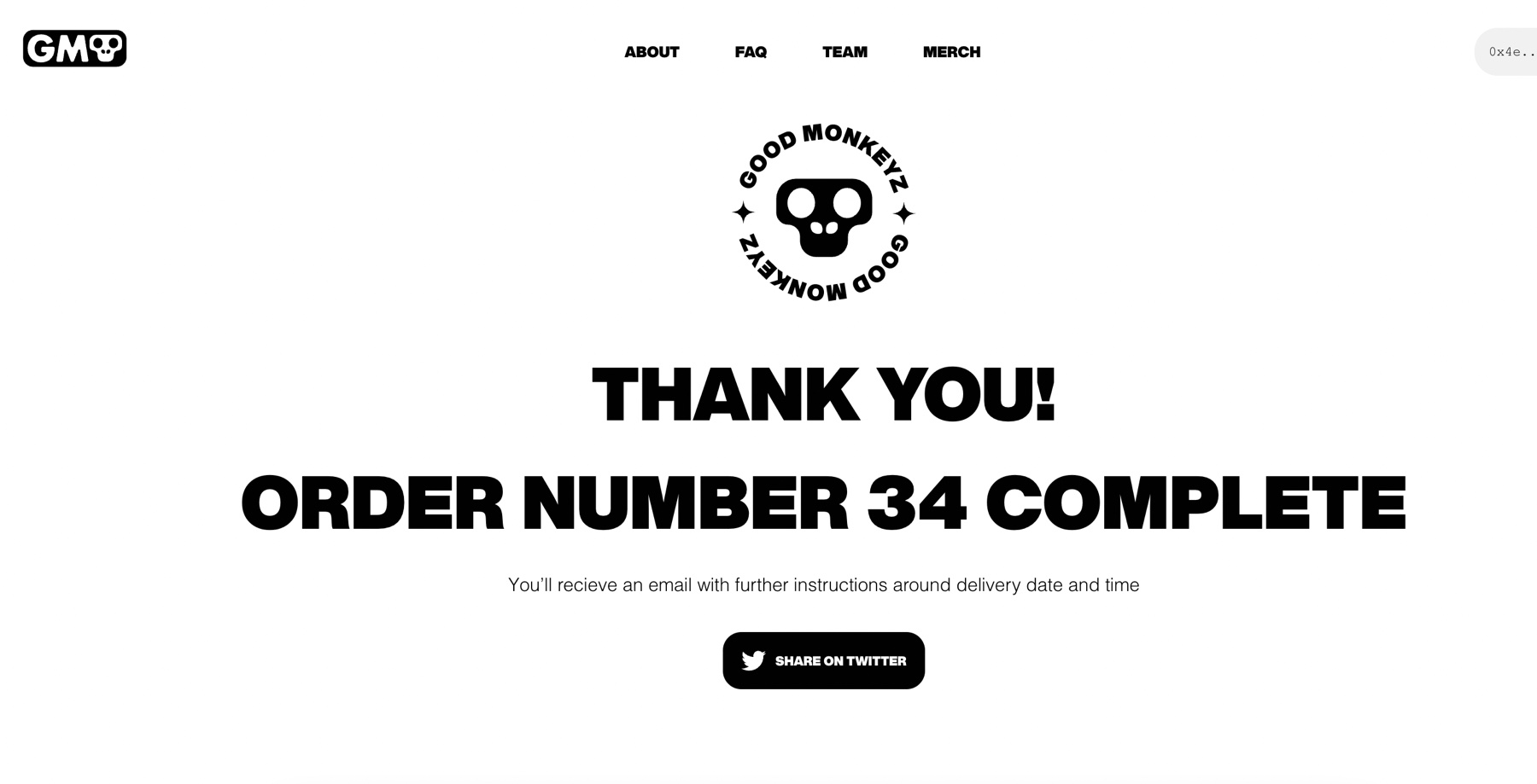 Good Monkeyz merch confirmation screen showing a completed physical order