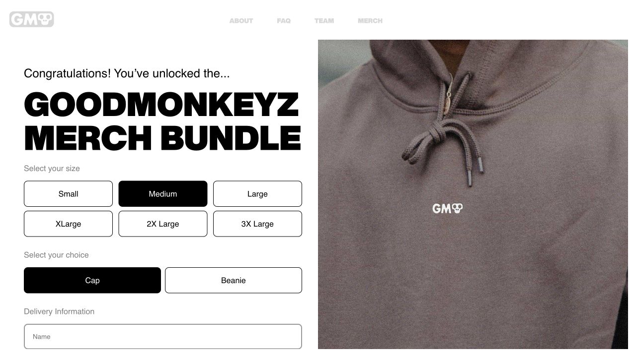 Good Monkeyz merch selection interface with hoodie photography, size, and accessory choices