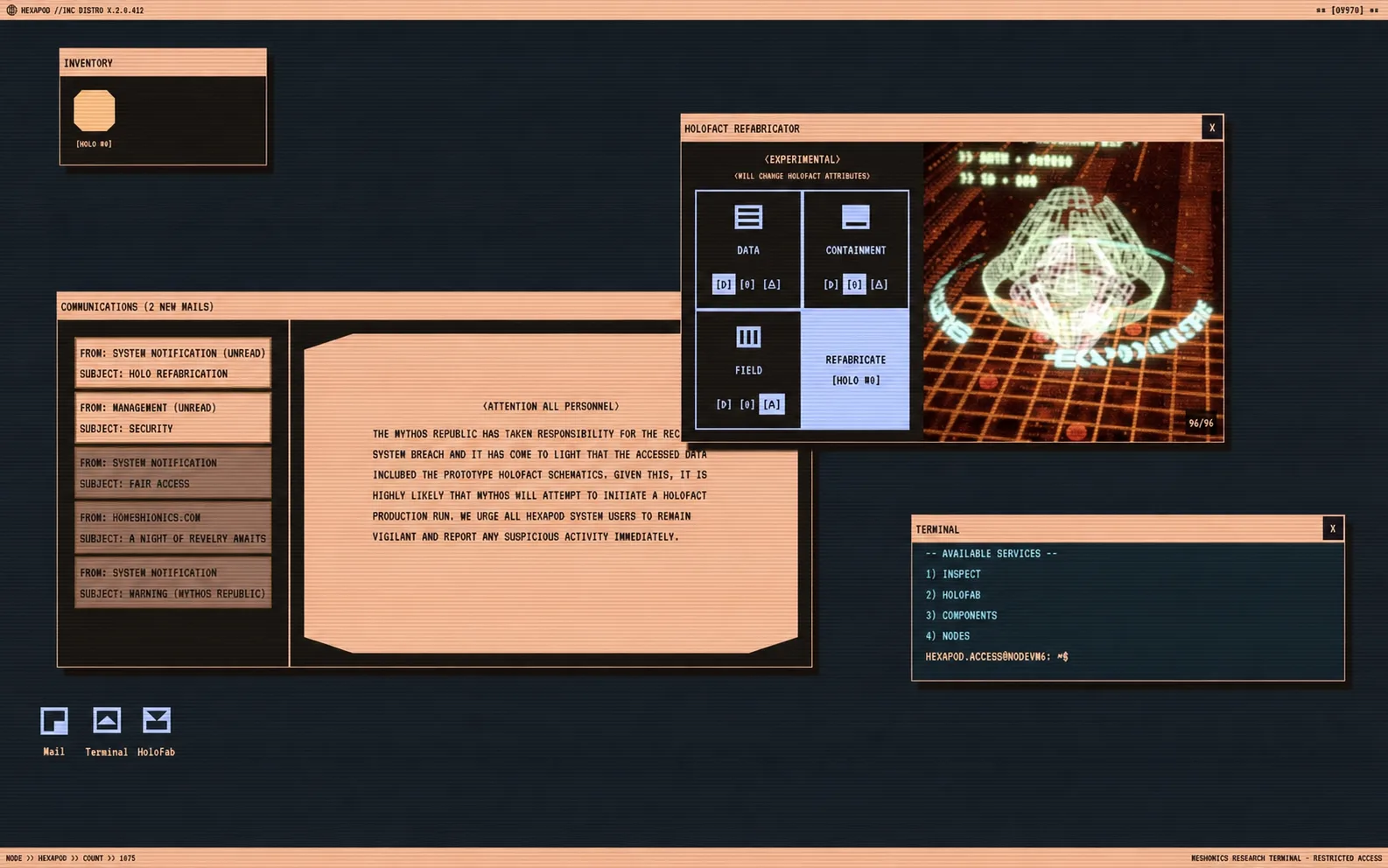 Hexapod Holofact desktop with communications, terminal, and refabricator windows