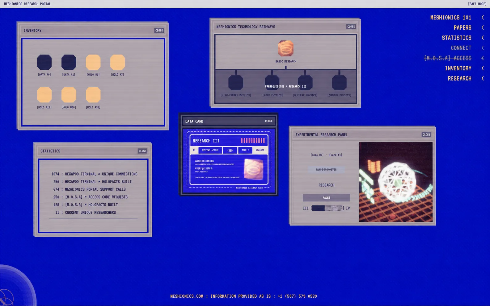 Meshionics research portal showing inventory, research pathways, statistics, and an experimental panel