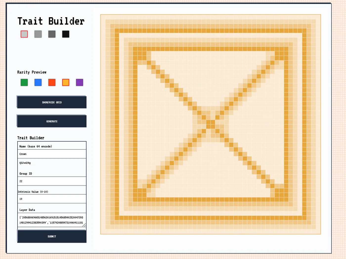 Original NFTraits builder showing a Crown drawn on the grid with rarity colour, intrinsic value, and packed layer data