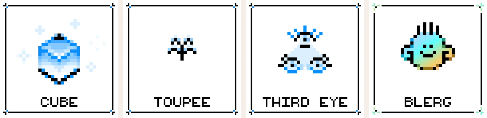 Original pixel-art cards for the Golden Cube, Toupee, Third Eye, and Blerg output with rarity colour overlays